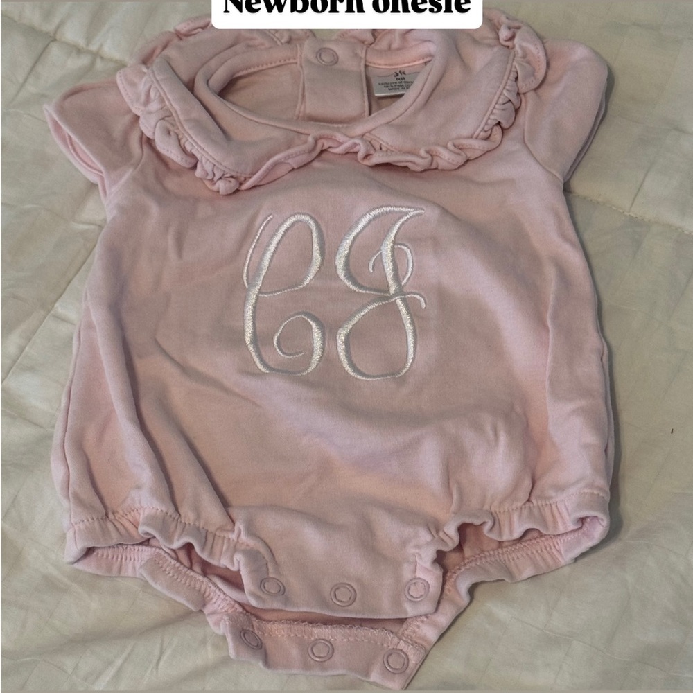 CJ embroidered Pink Ruffled Collar Newborn Onesie